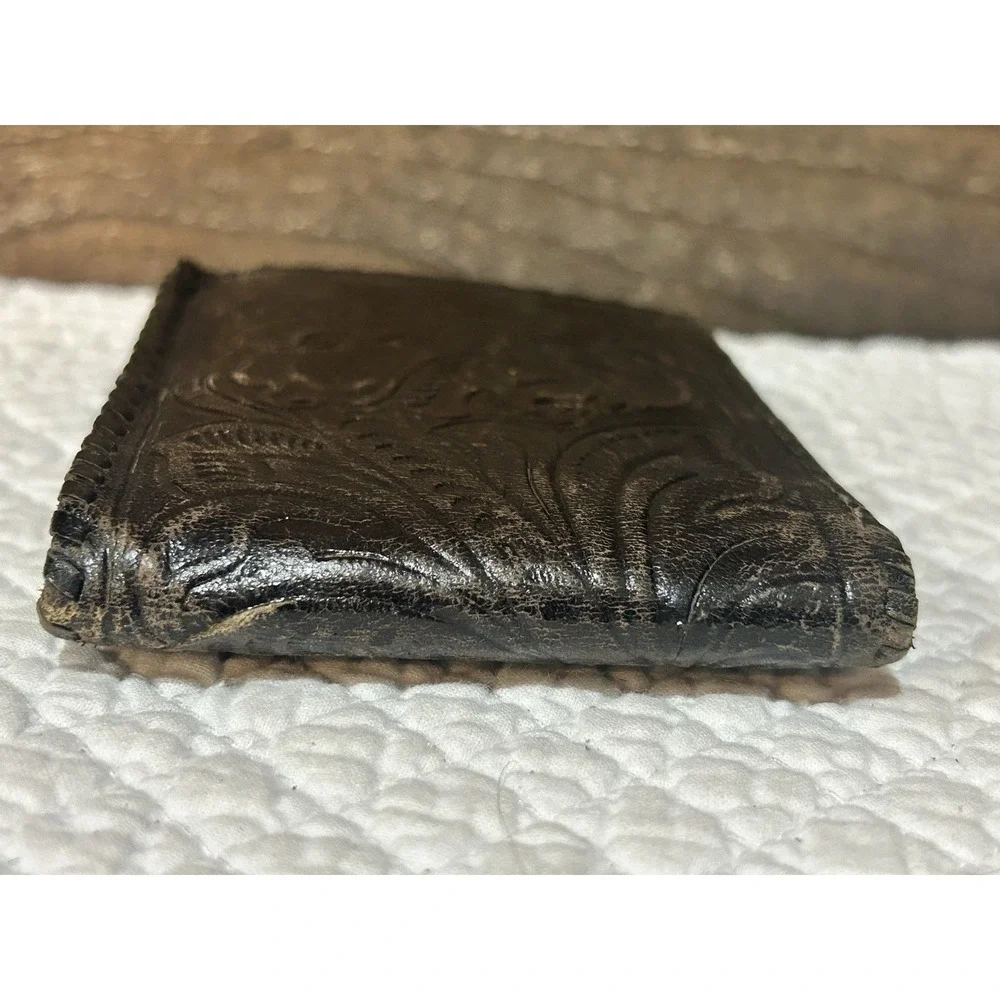 VTG Tooled Leather Wallet Mens Black Bifold Floral Embossed Western Braided Edge